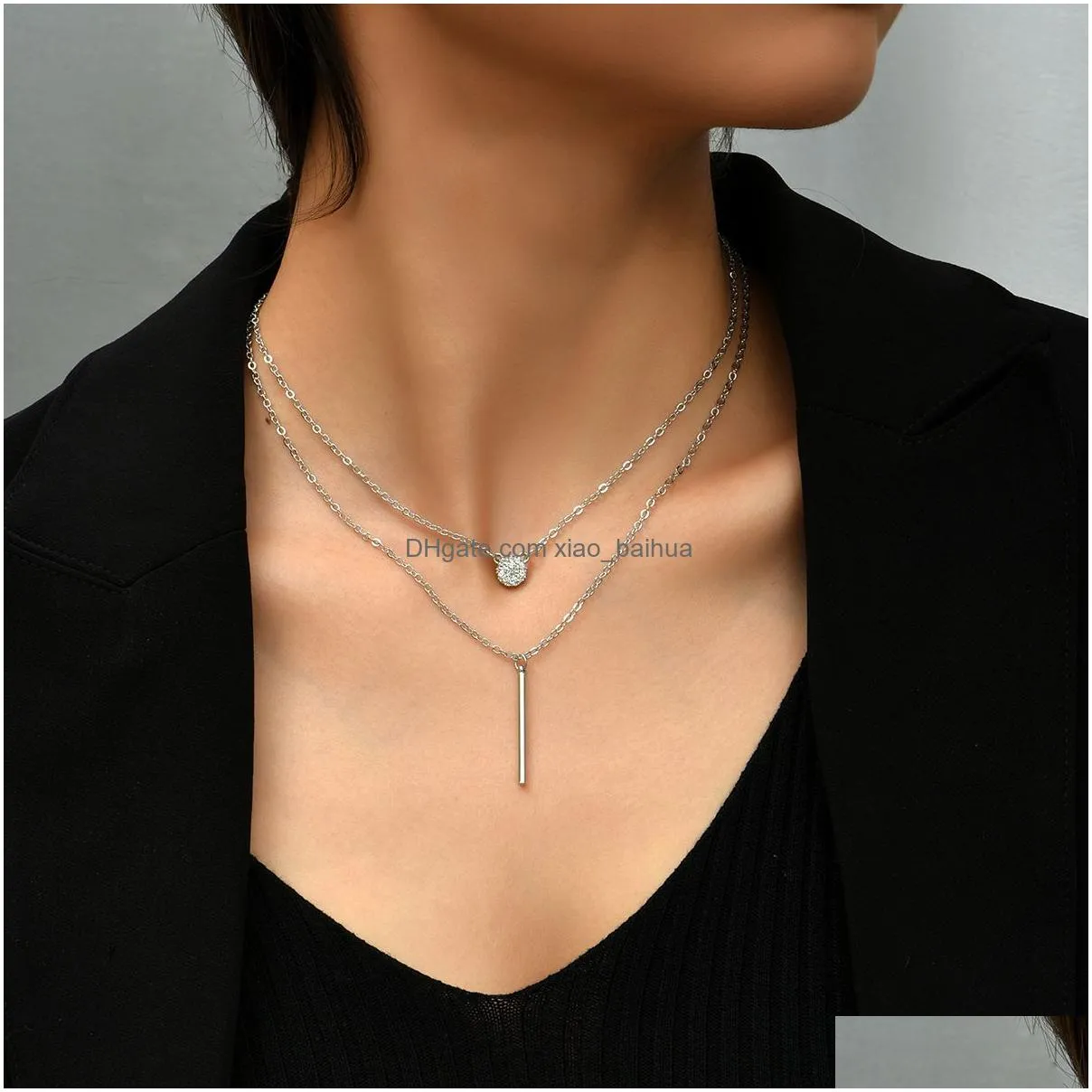 double zircon pendant necklace female niche temperament metal rod titanium steel clavicle chain accessories