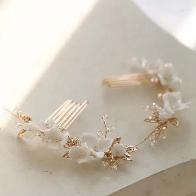 Hair Clips Bridal Jewelry Porcelain Flower Headband Hairband Vintage Gold Color Headpiece Headdress Brides Comb Wedding Accessories