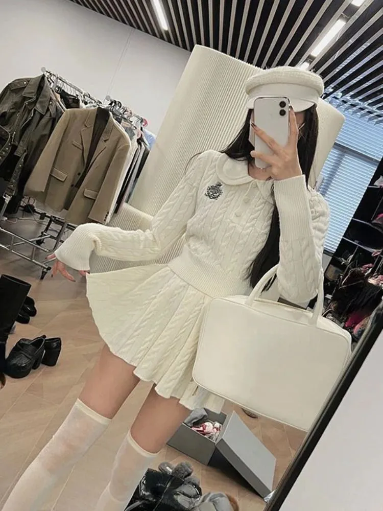 Autumn Preppy Style Knitted Clothing Suit Woman Slim Kawaii Swearter Tops Casual Y2k Mini Skirt Woman Fashion 2 Piece Set 240219