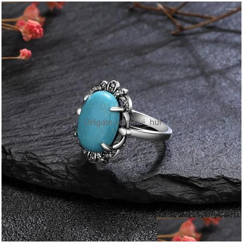 cluster rings vintage 10 14mm natural turquoise lapis lazuli ring 925 sterling silver for women moonstone labradorite jewelry