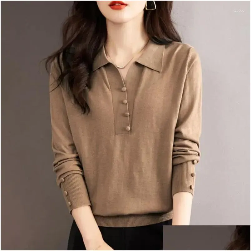 Women`s Blouses Classic Autumn Winter Solid Color Knitting Bottoming Shirt Women Long Sleeve Polo Collar Button Decoration Casual Lady