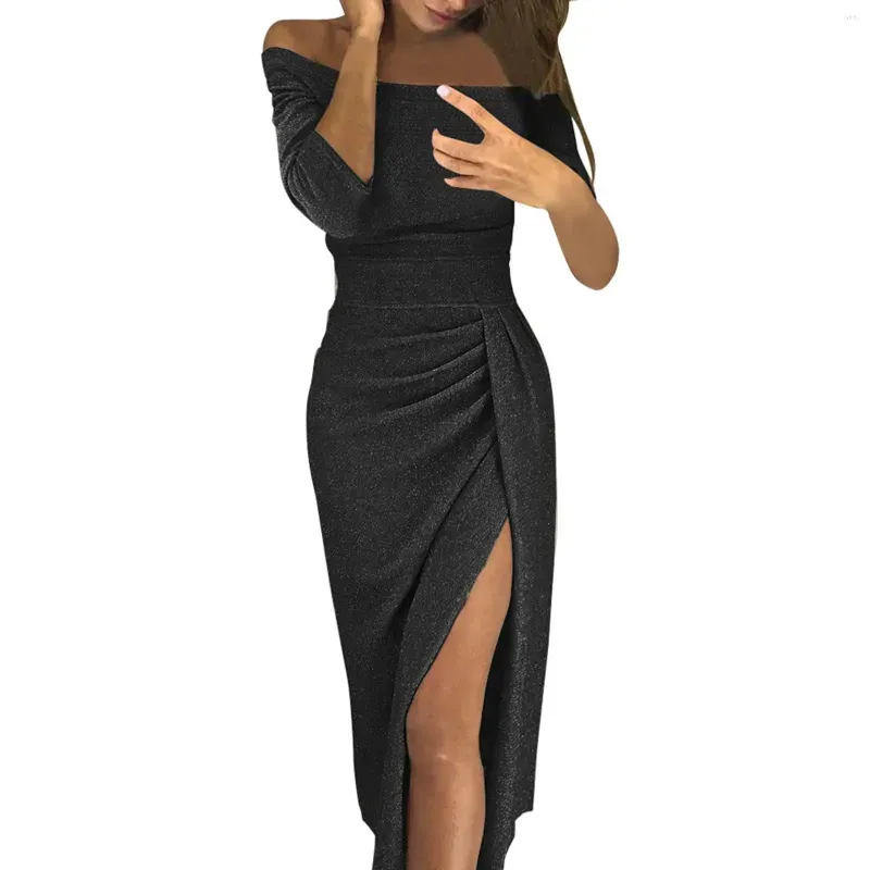 Casual Dresses Women`s Off Shoulder Long Sleeve Bodycon Evening Party Dress Asymmetrical Split Pencil Shiny Slit Hip Bag