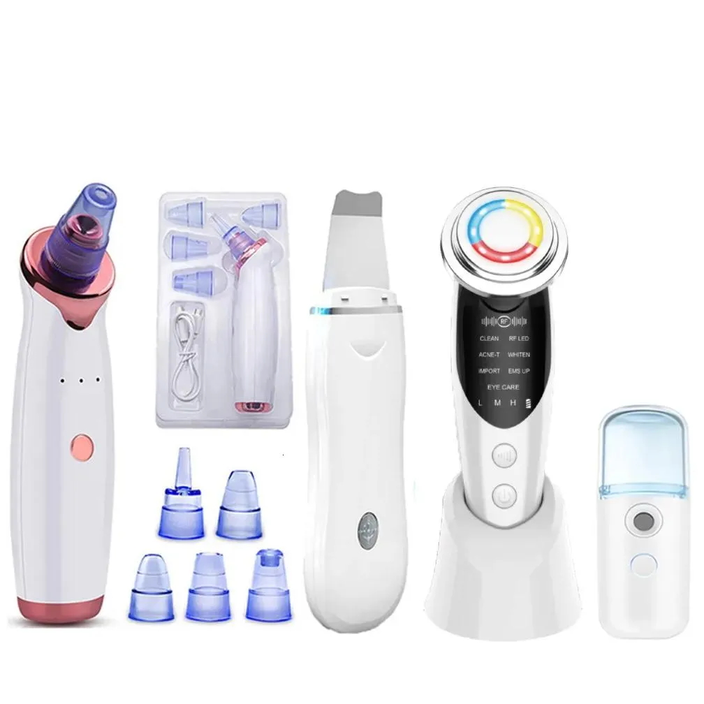 Face Massager 4-in-1 Beauty Kit RF and EMS Beauty Equipment Microflow RF Massager Ultrasonic Skin Scrubber Black Head Remover 230406