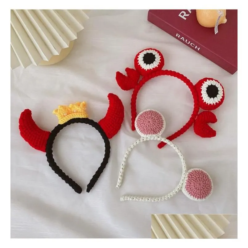 Knit Headband for Women Girl Cartoon Woolen Yarn Head Band Handmade Knitting Unique Hair Hoop Accessories Hairband Mouse Rabbit Fox Ear Frog Ladybug Tiger