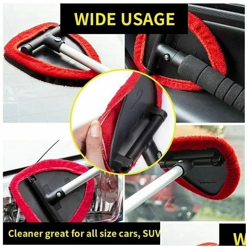 Windshield Cleaner Car Window Cleaning Tool With Extendable Handle Washable Reusable Microfiber Cloth Pad Head Glass Wiper Kit Drop