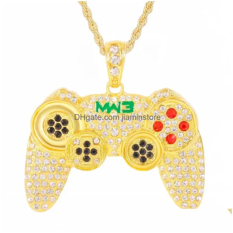 Pendant Necklaces Hip Hop Iced Out Jewelry Chain Game Console Handle Necklace Gold Crystal Charms For Children Boys GiftPendant