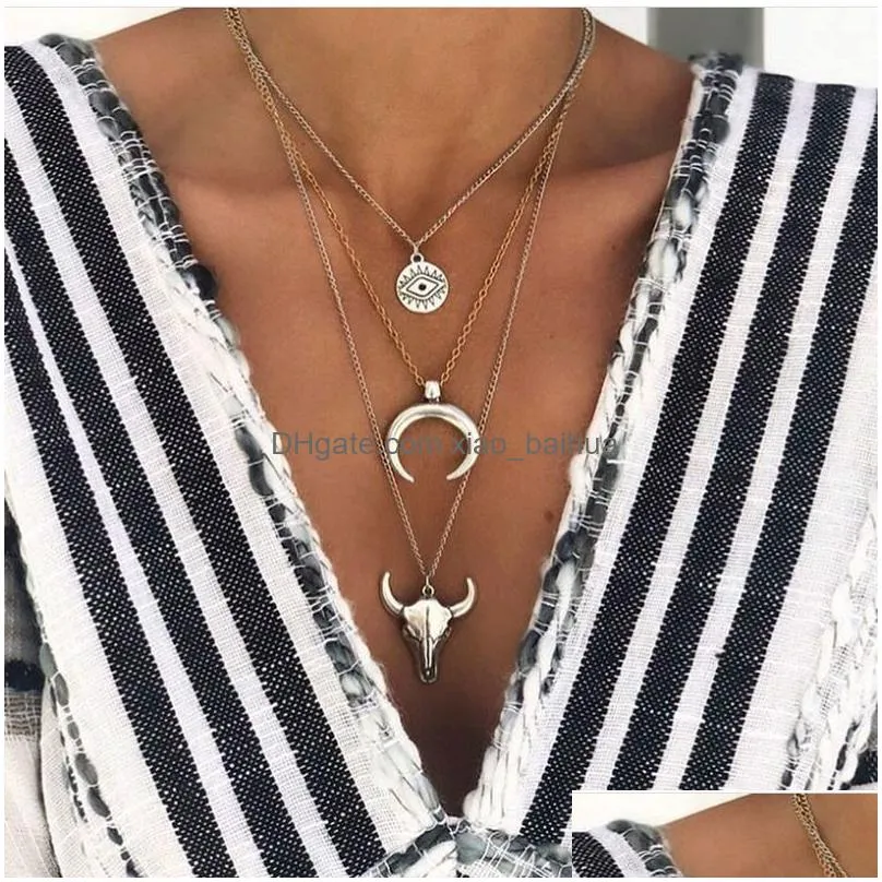 jewelry fashion simple alloy cow head geometric round eye horn multilayer necklace