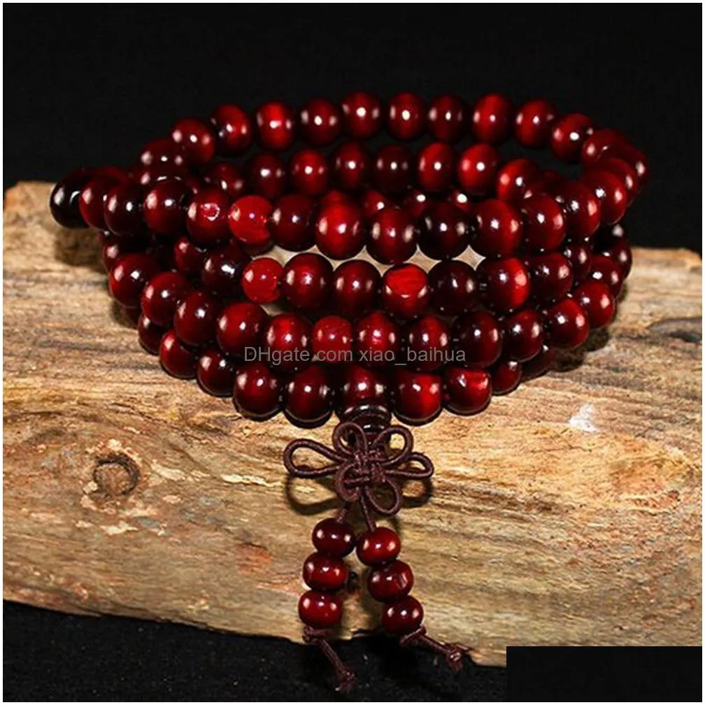 108 beads 8mm natural sandalwood buddhist buddha wood prayer beaded knot black ebony unisex men bracelets bangles for women