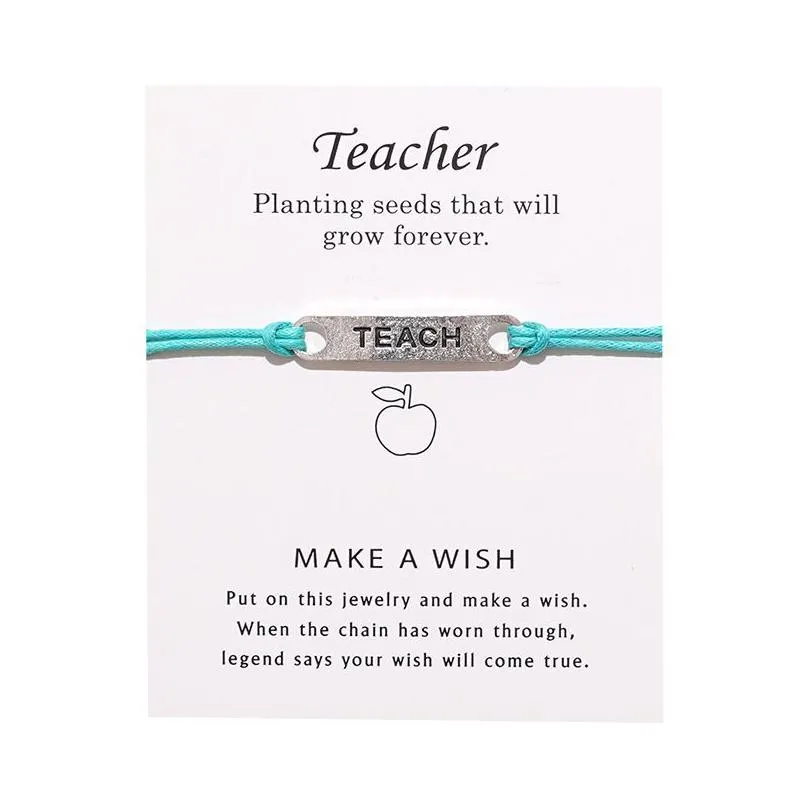 in bulk make a wish gift card bracelet retro alloy teacher blessing hand rope bracelets gift jewelry accessories