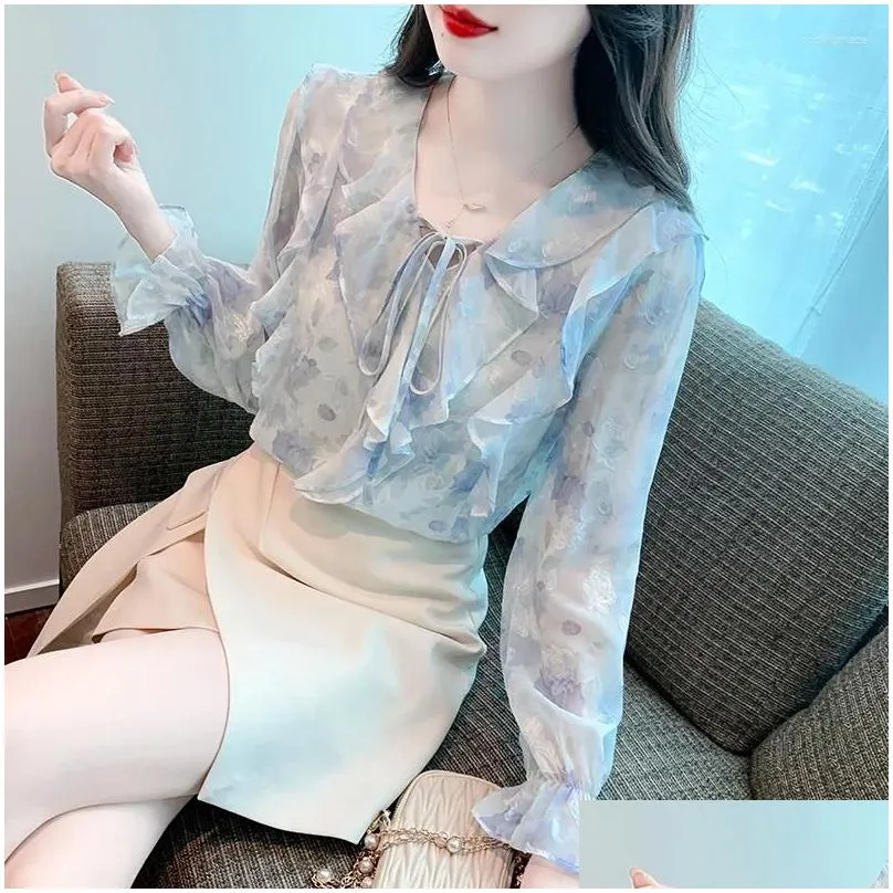 Women`s Blouses Autumn V Neck Shirt Flower Print Long Sleeve Blouse Female Pullover Commuter Casual Tops