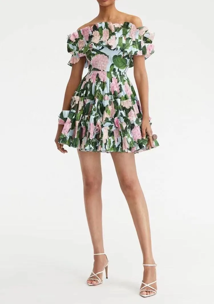 2023 Fancy dress Womens floral Printed Gathered Waist Slash Neck Puff Sleeve Fit&Flar Mini dress