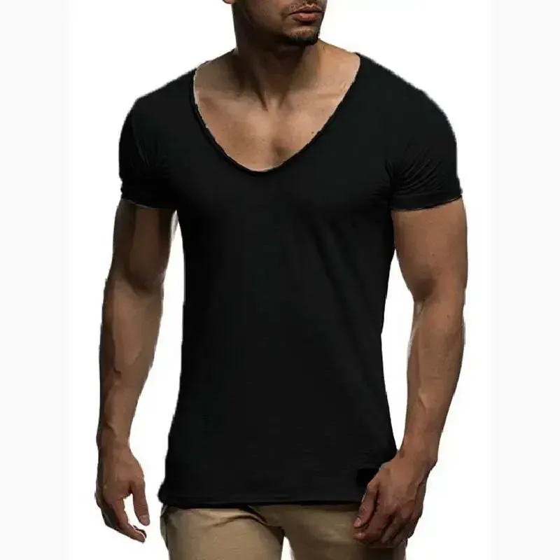 Men`s Suits A2701 Arrival Deep V Neck Short Sleeve Men T Shirt Slim Fit T-shirt Thin Top Tee Casual Summer Tshirt Camisetas Hombre