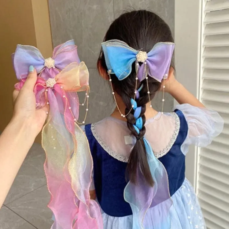Hair Accessories Children Streamer Hairpins Pearl Tassels Bowknot Clip Ribbons Braided Girls Princess Headdress Fashion