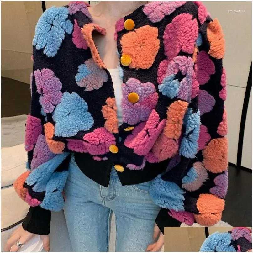 Women`s Jackets 2023 Spring Three-dimensional Flower Cardigan Short Bubble Sleeve O Neck Plush Warm Coat Tops Women Clothing Jacket