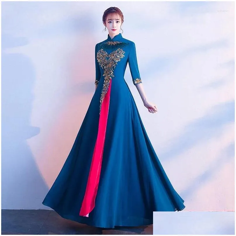 Ethnic Clothing Sexy Slim Long Cheongsam Simple Elegant Retro Wedding Dresses Choir Performance Dress Women Chinese Traditional Plus