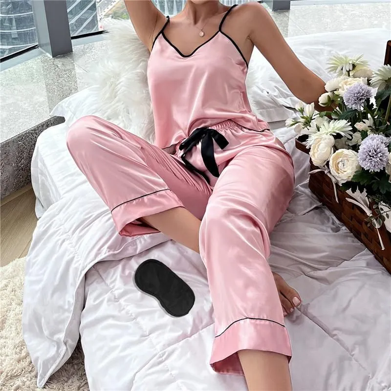 Women`s Sleepwear Women`s Pijamas Sexy Lingerie Silk Pajamas Eye-mask Set Satin Cami Vest With Trousers Nightwear Pyjama Femme Mujer