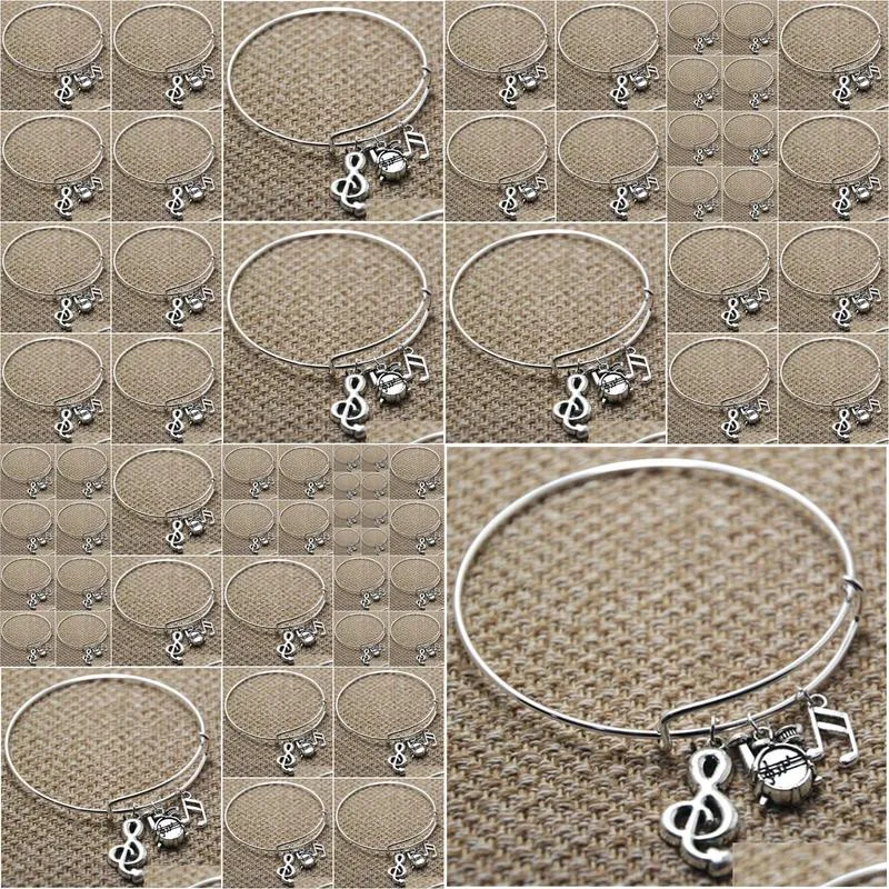 Bangle Bracelets 12Pcs Drums Music Bracelet Treble Clef And Musicnote Charm Bangles Drop Delivery Jewelry Dhha8