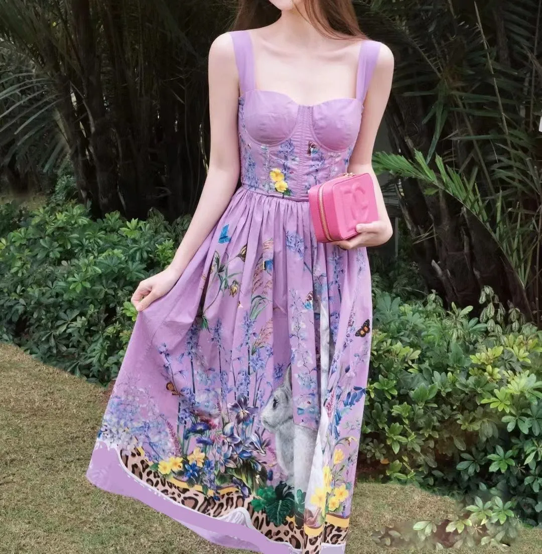 Womens dress sleeveless Gathered Waist Floral Printed midi dress