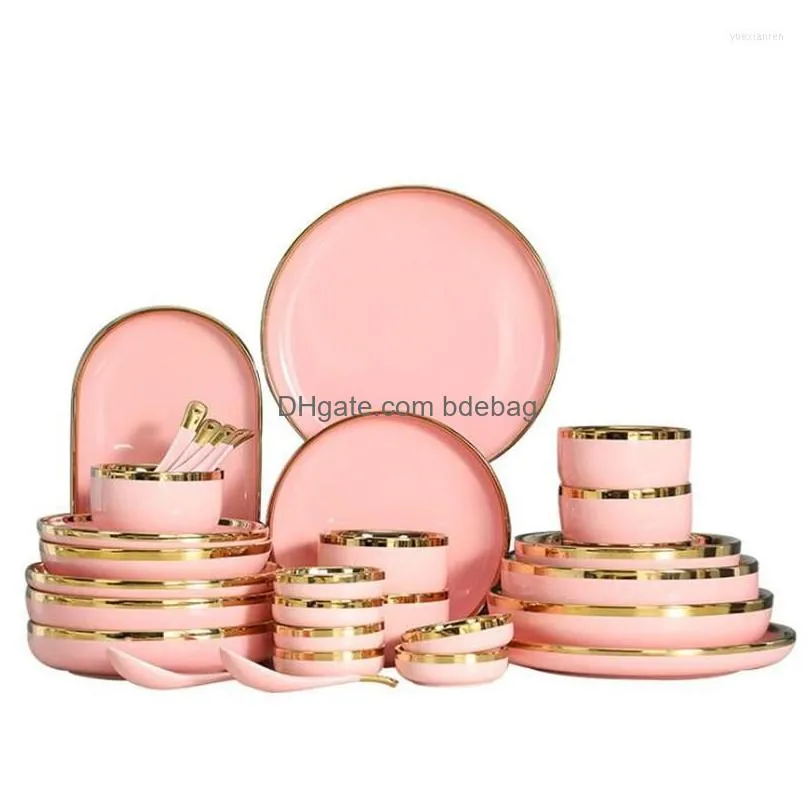 plates pink with gold inlay ceramic set nordic style serving dishes for dinner luxurious porcelain dinnerware