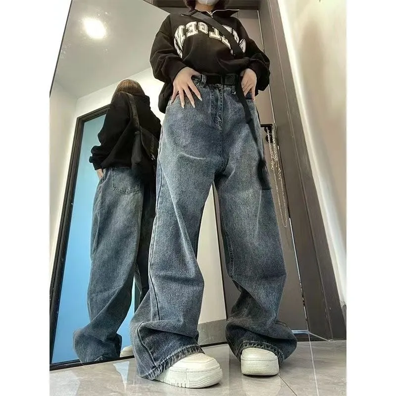 Women`s Jeans Harajuku Baggy Femme Jeans Y2K Dark Blue Brown High Waist Streetwear 90S Baggy Trousers Women Pants Straight Wide Leg Pants