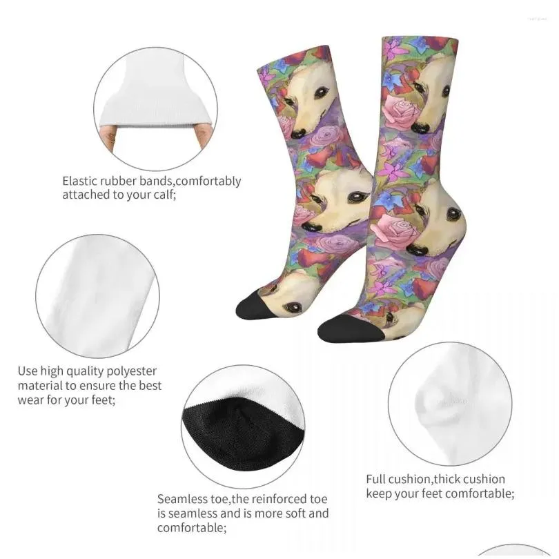 Men`s Socks Happy Shy Flower Whippet Greyhound Dog Retro Street Style Casual Crew Sock Gift Pattern Printed