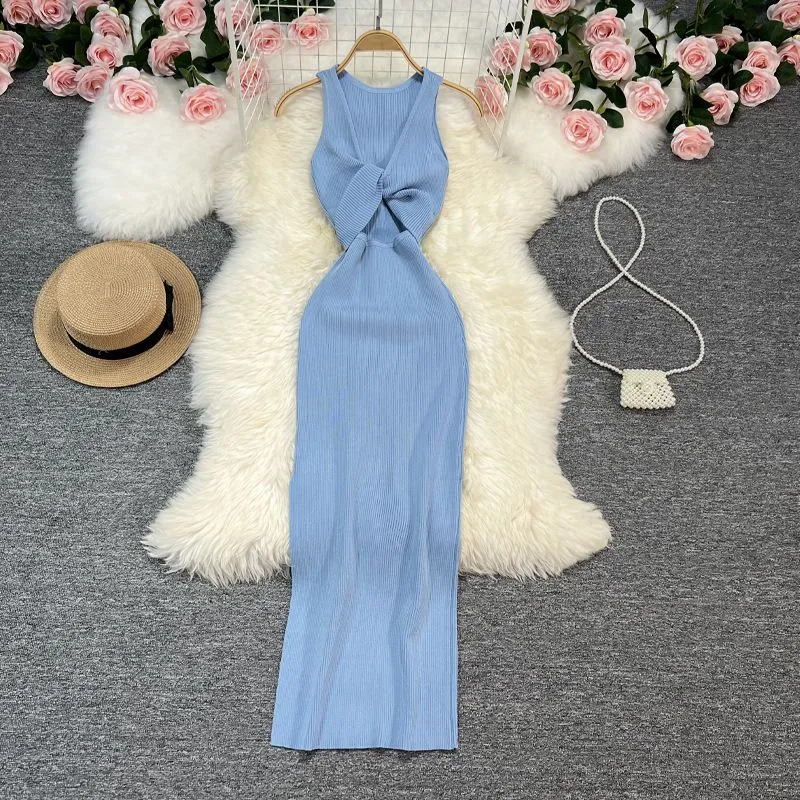 Casual Dresses Slim Halter Neck Sexy Split Summer Knitted Bodycon Long Dress Women Party Backless Robe Ete Sheath Bandage Tunic