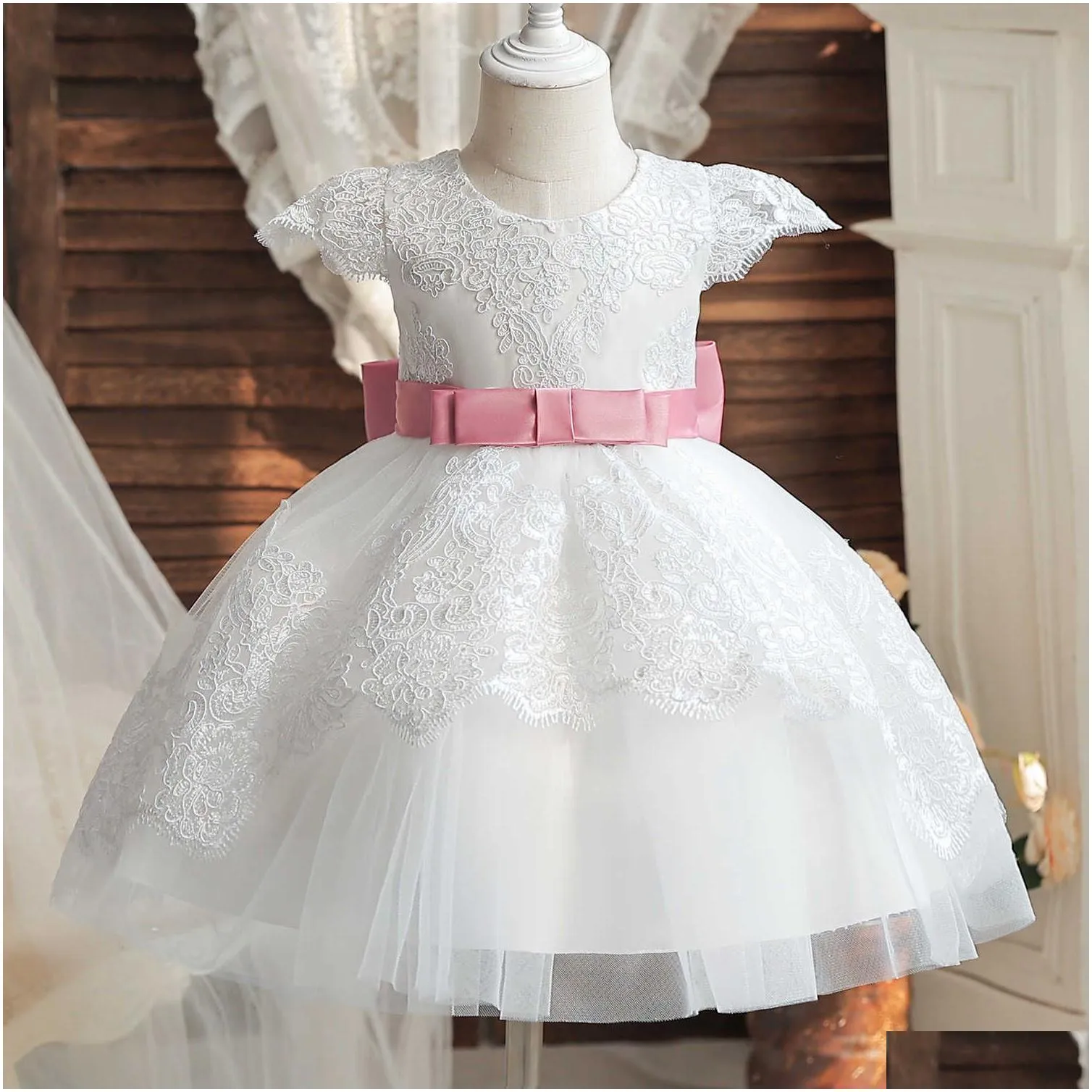 Girl`S Dresses Girls Baby Girl White Baptism Dress Infant 1St Birthday Pink Bow Tutu Gown Flower For Wedding Ceremony Summer Party Cos Dh5Um