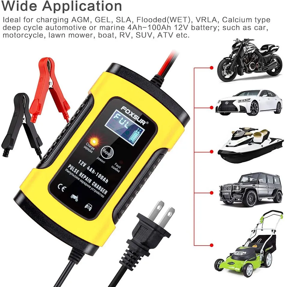 Foxsur Full Automatic Car Battery  12V 5A Smart Fast Power Charging for AGM GEL Wet Dry Lead Acid Digital LCD Display