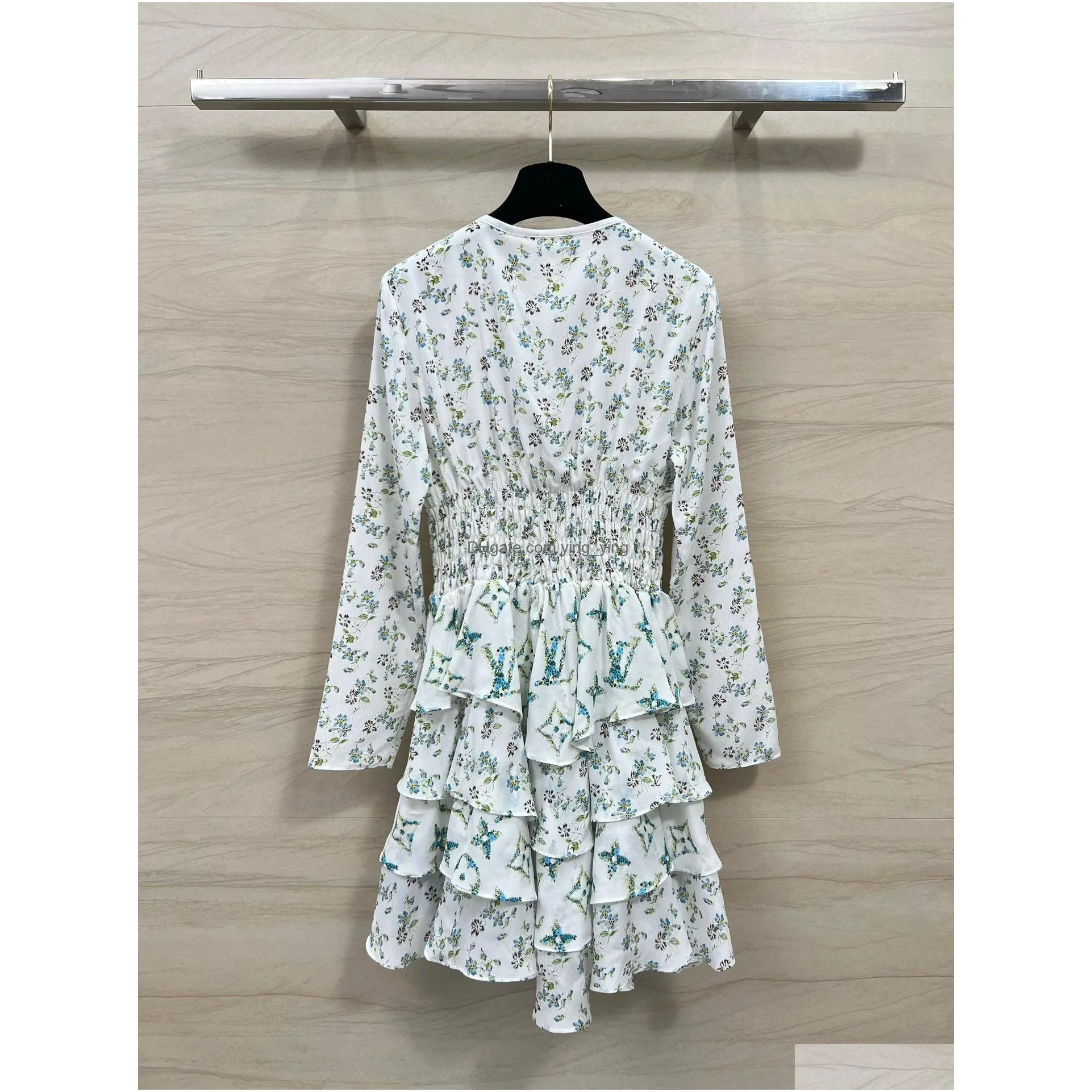  products in spring and summer holiday style small floral design irregular cake skirt hem silk dress