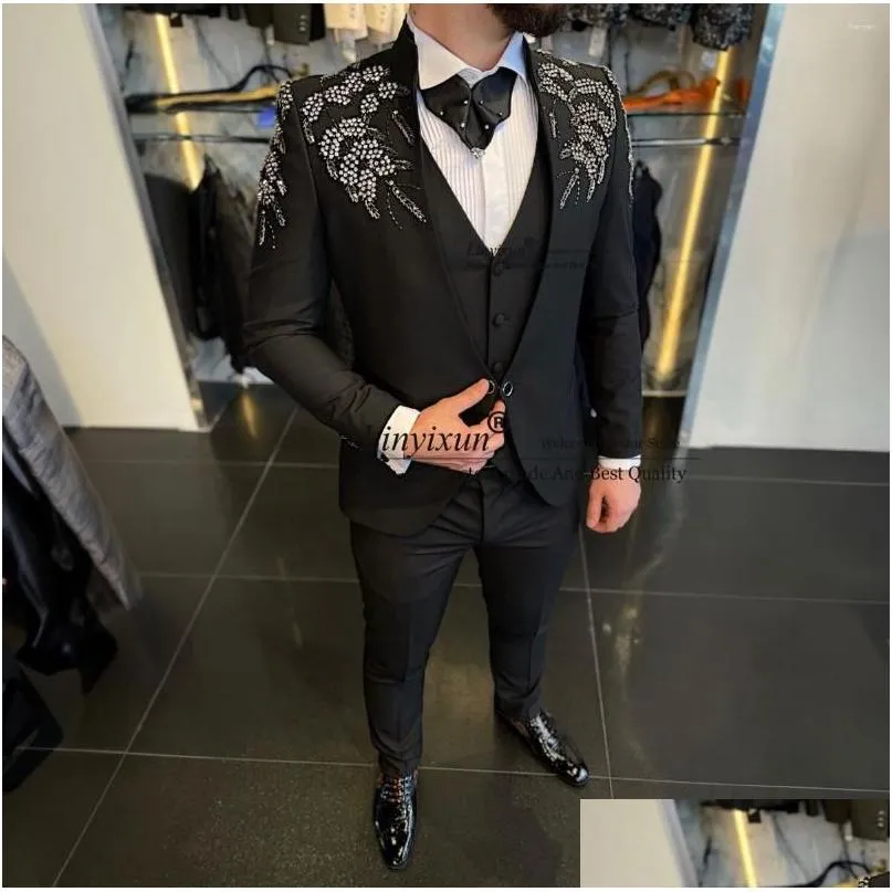 Men`s Suits Luxury Beaded Mens For Wedding 3 Pieces Outfit Groom Tuxedos Slim Fit Male Prom Blazer Man Party Terno Masculinos Completo