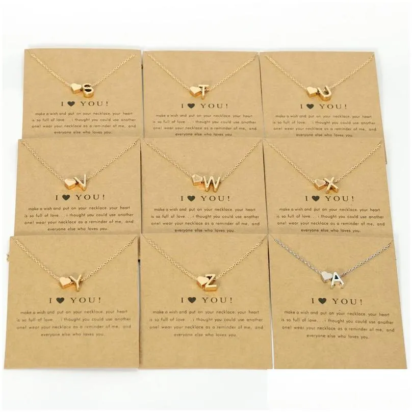 bulk price love 26 letters pendant necklaces womens peach hear gold silver clavicle chain necklace with gif card
