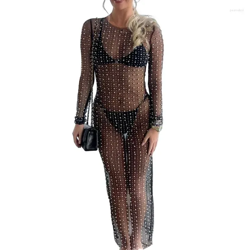 Women`s Swimwear Women Sexy See Through Pearl-Rhinestone Cover Up Dress Sheer Mesh-Fishnet-Bikini Swimsuit Cover-up Long Sleeve