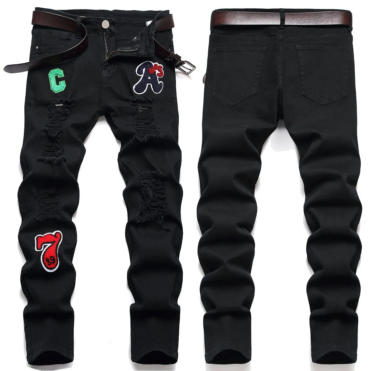 Men`s Jeans Patterned Micro-Elastic Black Pants Selected High-Quality Fabric Slim Straight Tube