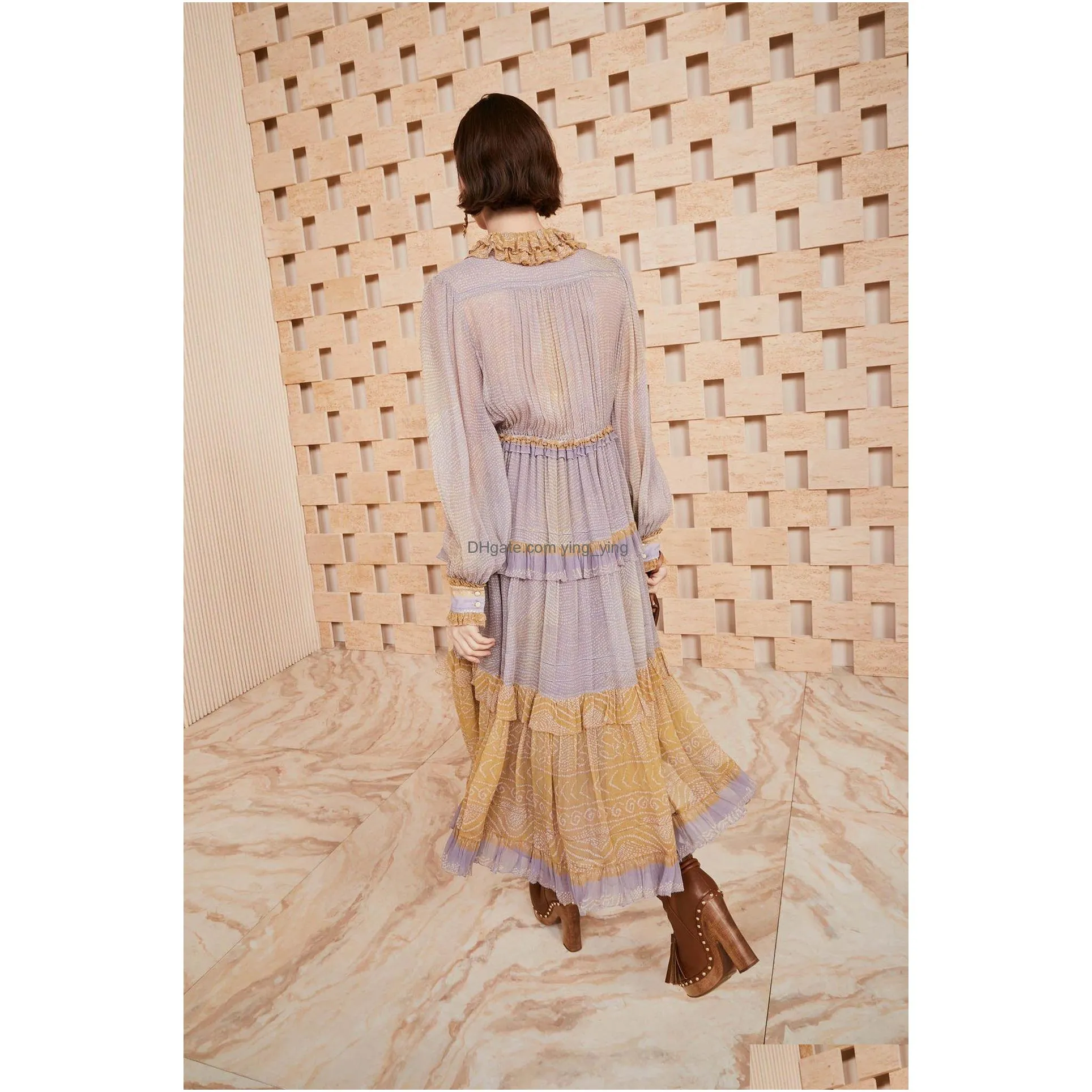 runway dress ruffled neck lantern sleeve silk printed dress long dress