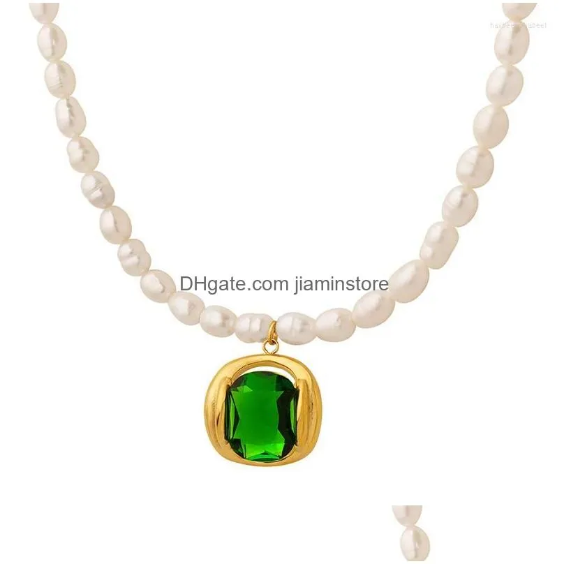 Pendant Necklaces Green Zircon Crystal Charm Natural Freshwater Pearl Necklace Irregular Rice Baroque Strand Choker Wedding Jewelry