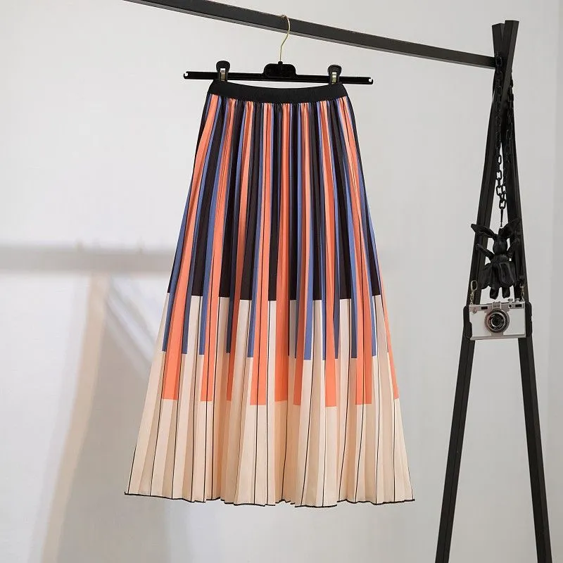Skirts Fashion Casual Half-length Skirt Large Pleated Long A-line Striped Pattern Women Wavy Graphics Creative