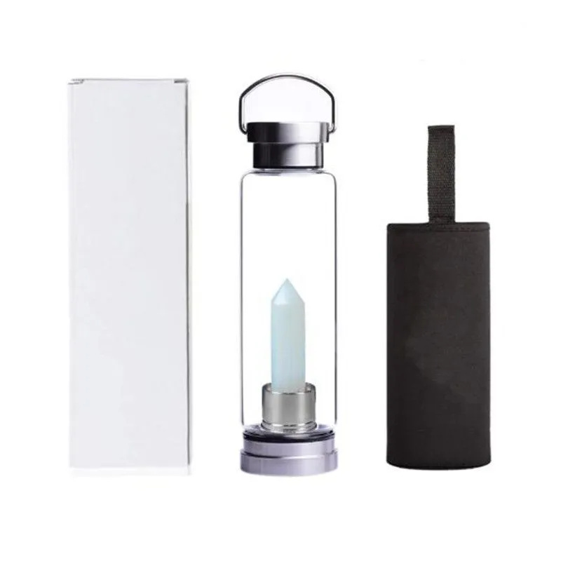 550ml Crystal Quartz Gemstone Water Bottle Infused Natural Reiki Wellness Healing Glass 304 Stainless Steel Cup