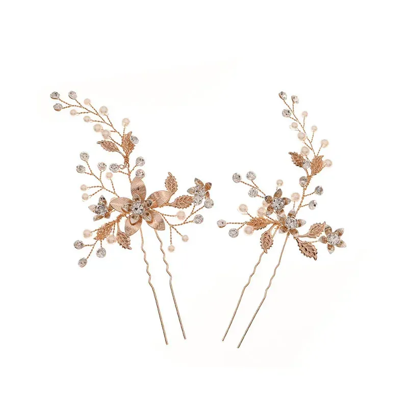 Hair Clips Rose Gold Color Floral Bridal Pins Pieces Women Handmade Wedding Prom Accessories Girls Headpiece