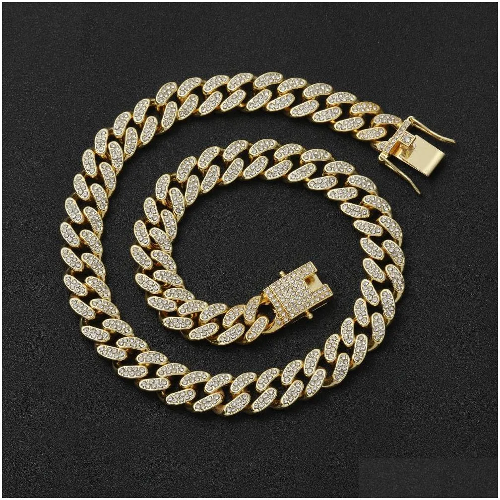 european american 12mm hip-hop full diamond cuban chains necklace bracelets set mens rap rope choker alloy bracelet jewelry