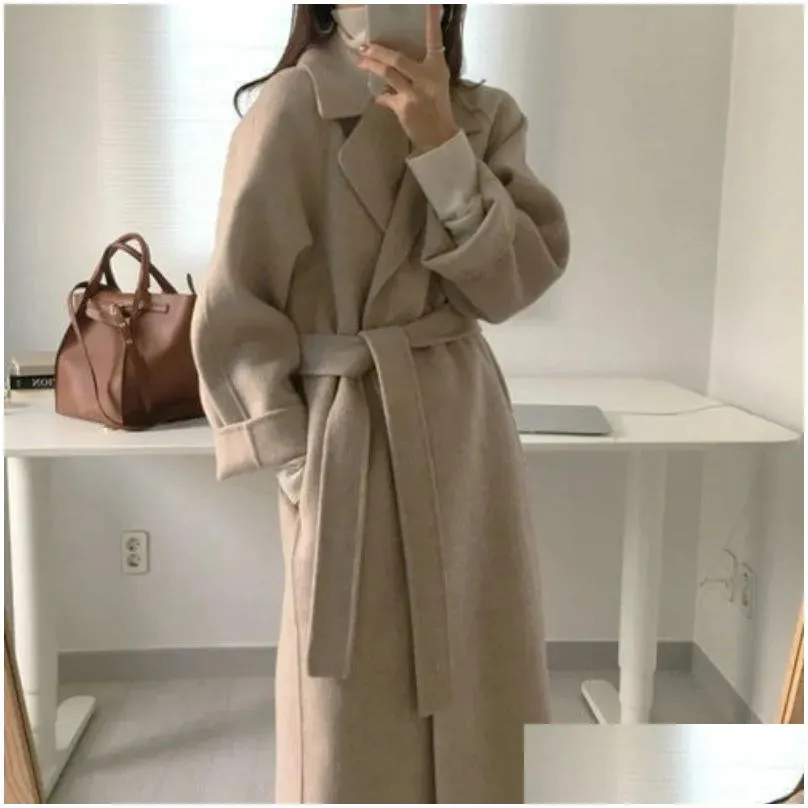 Women Elegant Wool Coat With Belt Long Sleeve Chic Outerwear Ladies Drop Shoulder Overcoat For Women Autumn Winter Coats 2023