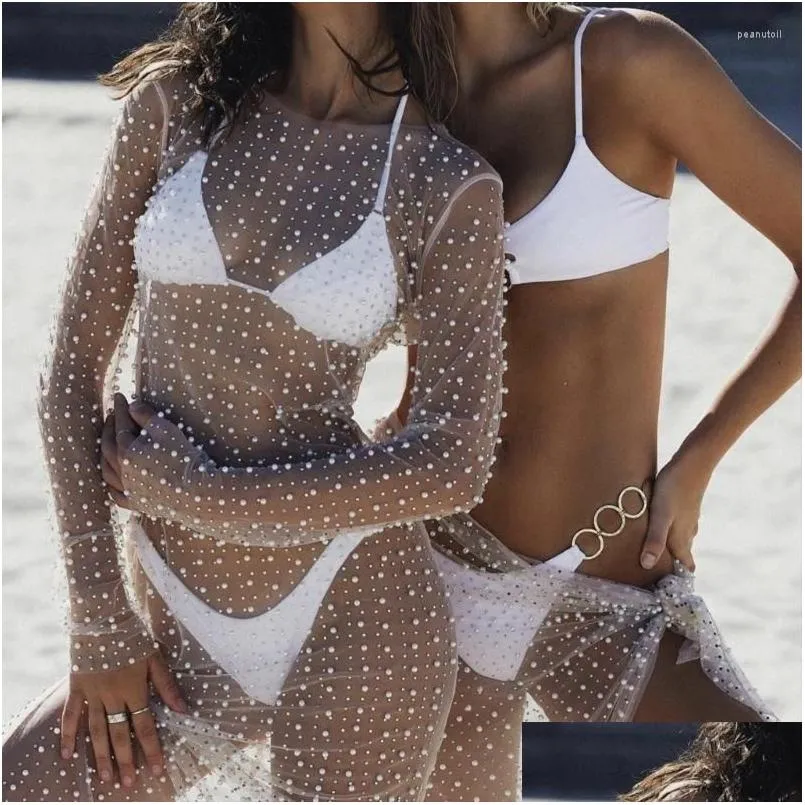 Women`s Swimwear Women Sexy See Through Pearl-Rhinestone Cover Up Dress Sheer Mesh-Fishnet-Bikini Swimsuit Cover-up Long Sleeve