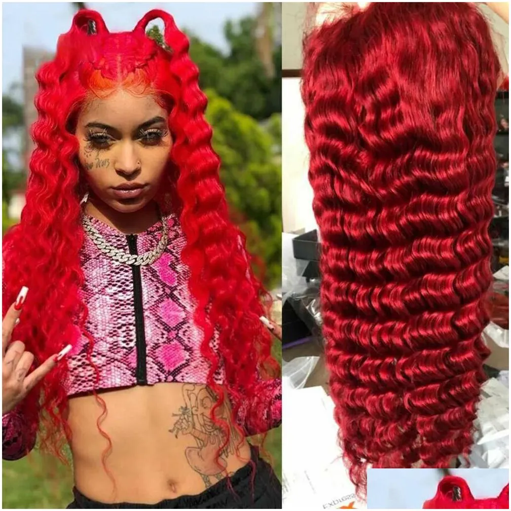 Hot Red Lace Frontal Wig Curly Human Hair Wigs Deep Wave 13x4 Transparent Lace Front Wig Synthetic For Black Women Pre plucked