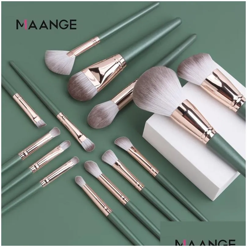 MAANGE 14pcs Makeup Brushes Set Green Large Loose Powder High Gloss Eyeshadow Foundation Contour Synthetic Hair Cosmetic Tools 220519