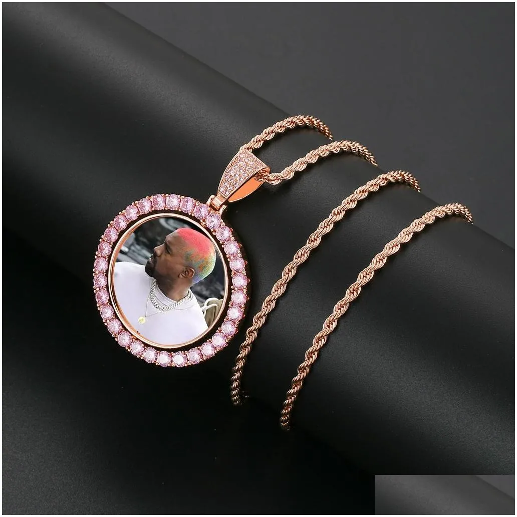 customize round photo frame pendant necklaces rotatable double-sided collection commemorative hip-hop rope chain necklace jewelry