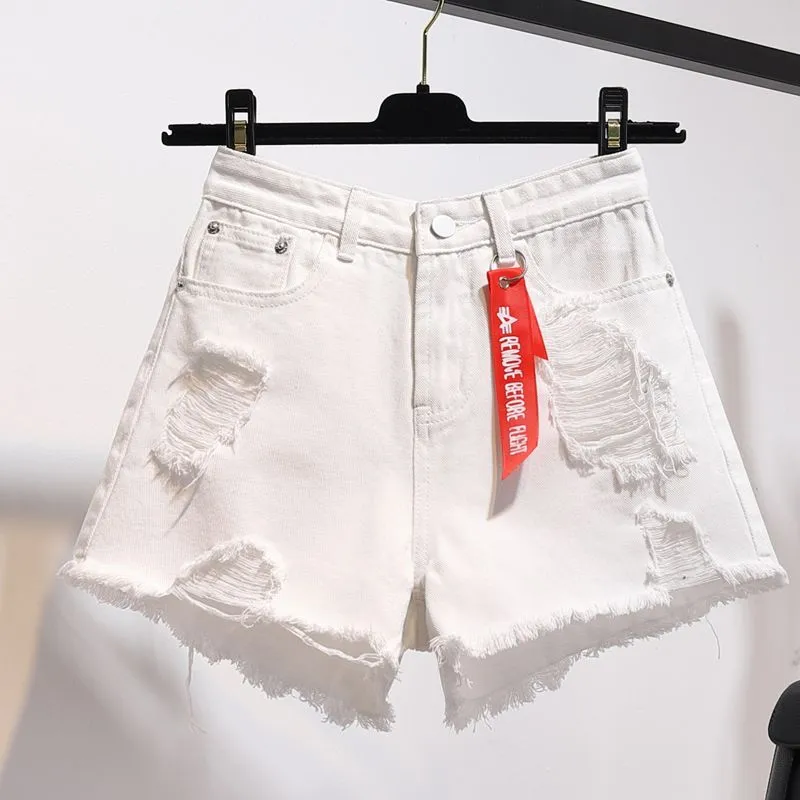 Summer High Waisted Denim Shorts Women Plus Size 5xl Loose Hole Tassels Haruku Hot Pants Sexy Jeans Short Girl Spring