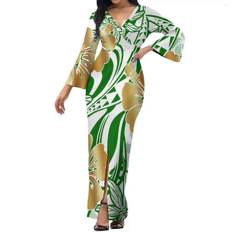 Party Dresses Polynesian Custom Dress V-neck Summer Cool Long Sleeves Elegant Temperament And Floor Retro Art Design