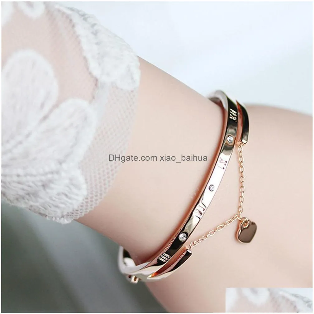 rose gold stainless steel bracelets bangles female heart wedding love charm bracelet for women jewelry