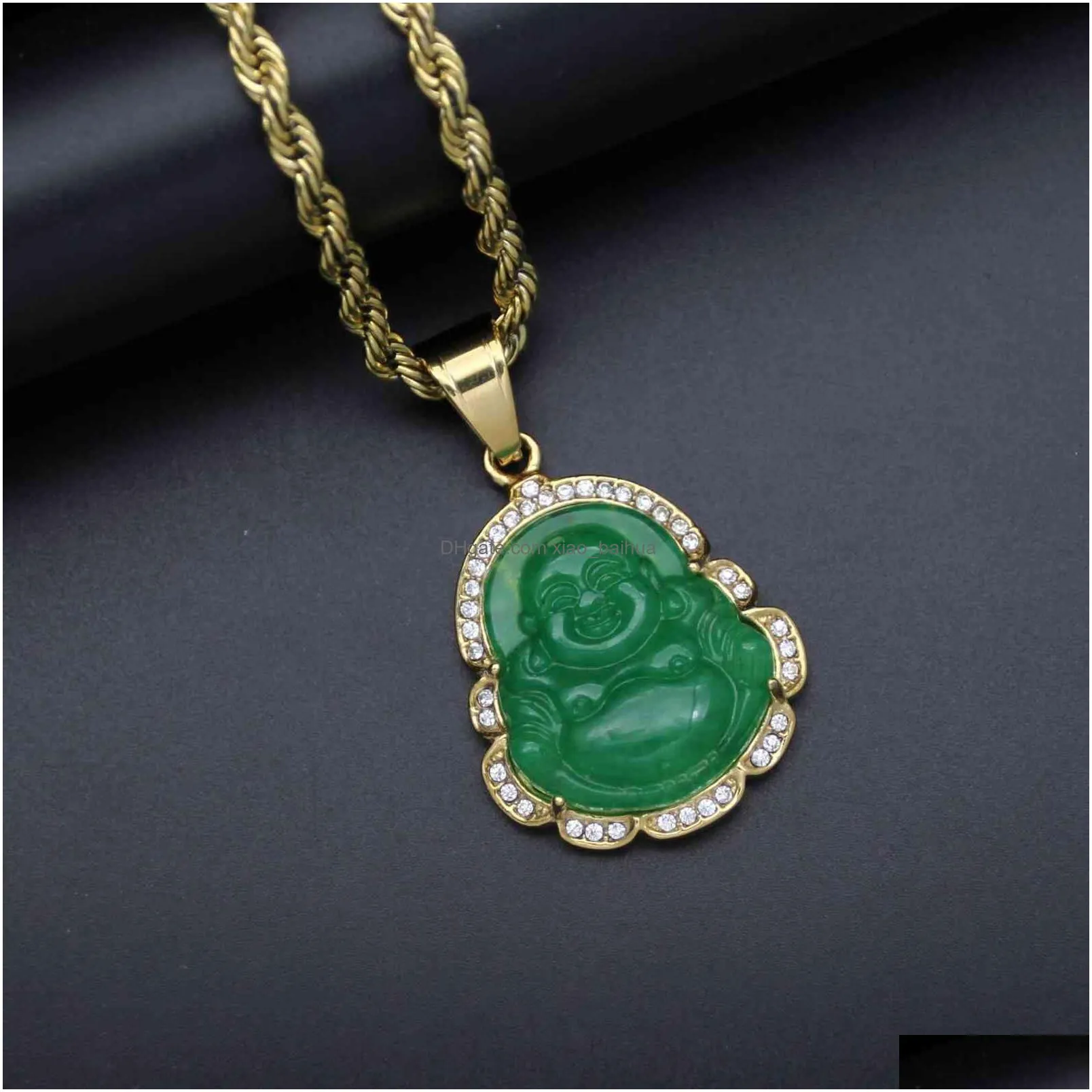 green jade jewelry laughing buddha pendant chain necklace for women stainless steel 18k gold plated amulet accessories mothers day