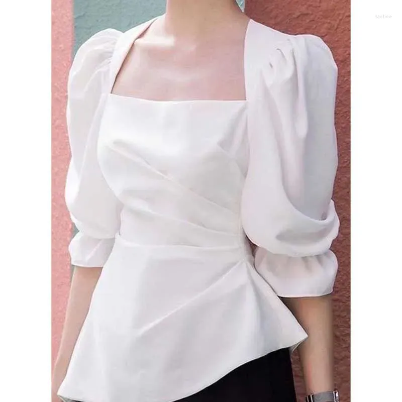 Women`s Blouses Elegant Square Collar Folds Asymmetrical Puff Sleeve Clothing 2024 Summer Loose Korean Tops Irregular Shirts