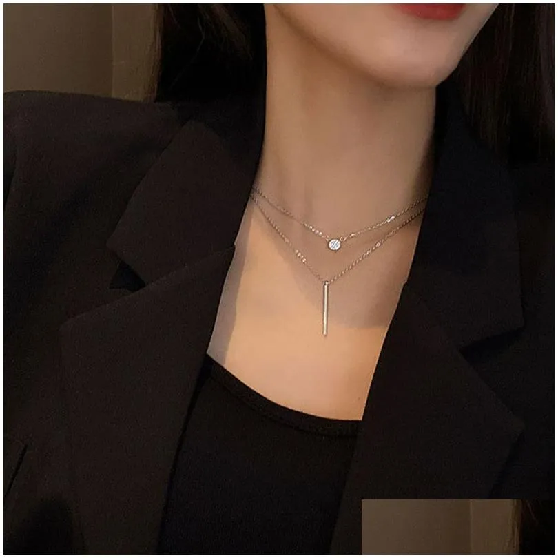 double zircon pendant necklace female niche temperament metal rod titanium steel clavicle chain accessories